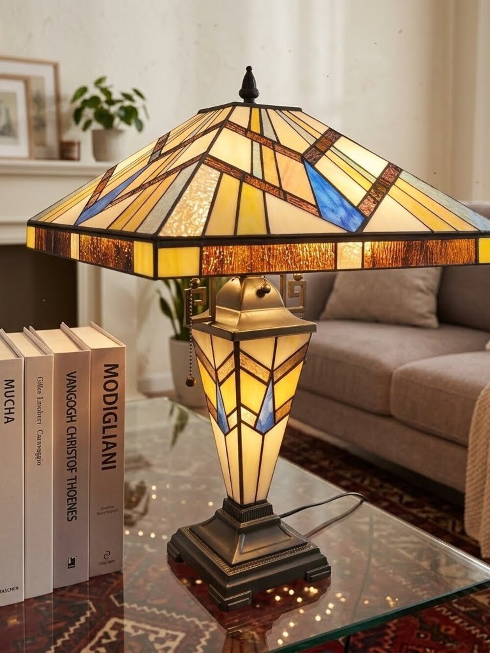 Tiffany Style Table Lamp Mission Cream Amber Stained Glass 3-Light